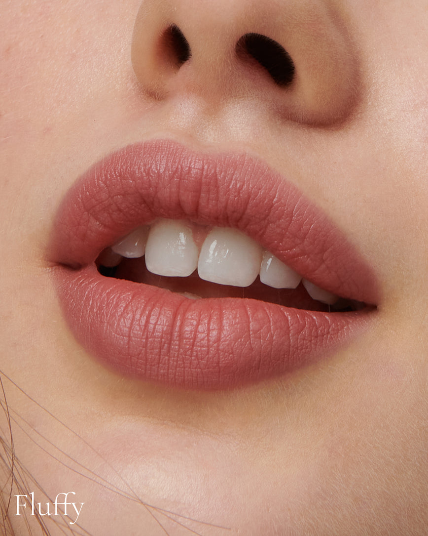 Lisa Eldridge Velveteen Liquid Lip Colour in Shade Muse Pictured on Close Up Lips - with a fluffy finish
