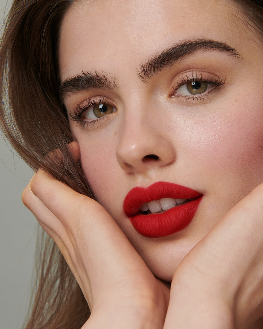 Lisa Eldridge Velveteen Liquid Lip Colour in Shade Ribbon Pictured on Model