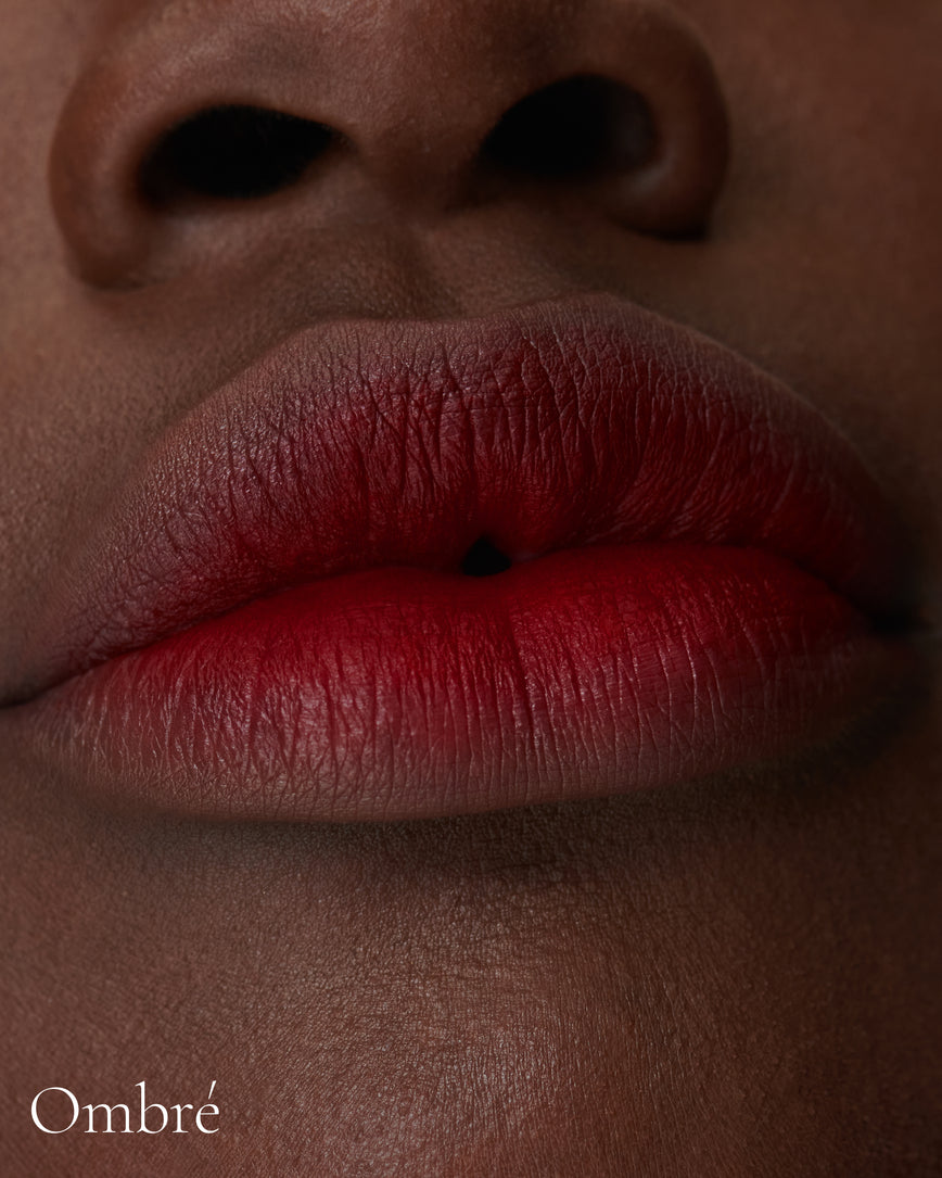 Lisa Eldridge Velveteen Liquid Lip Colour in Shade Ribbon Pictured on Close Up Lips - with an ombre finish