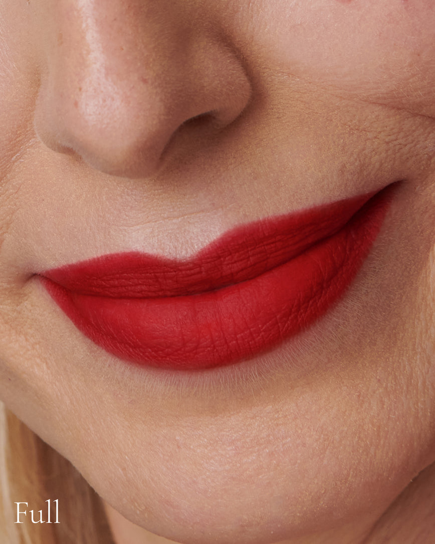 Lisa Eldridge Velveteen Liquid Lip Colour in Shade Ribbon Pictured on Close Up Lips - with a full finish