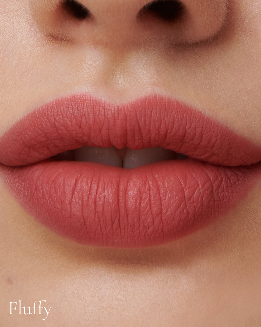 Lisa Eldridge Velveteen Liquid Lip Colour in Shade Rain Pictured on Close Up Lips - with a fluffy finish