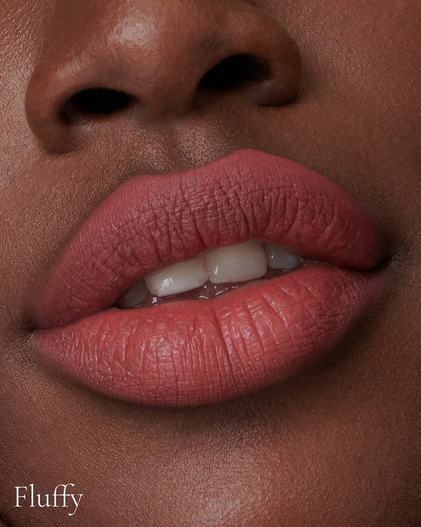 Lisa Eldridge Velveteen Liquid Lip Colour in Shade Rain Pictured on Close Up Lips - with a fluffy finish