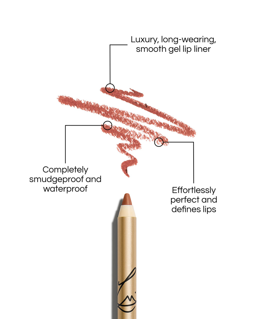 Enhance and Define Lip Pencil with text describing its features on a white background: Luxury, long-wearing, smooth gel lip liner. Completely smudgeproof and waterproof. Effortlessly perfect and defines lips.