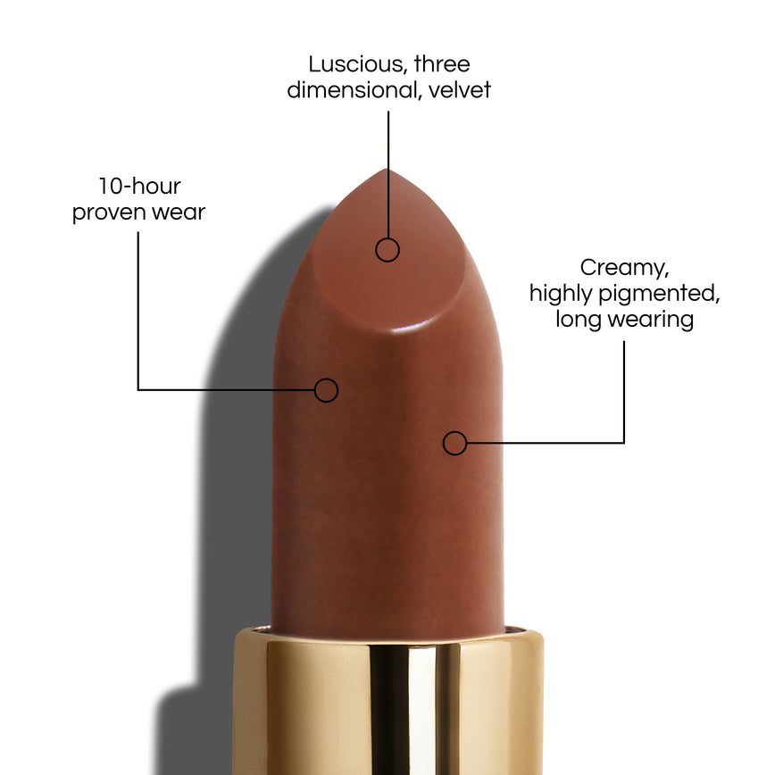 True Velvet Lip Colour bullet close-up, with text demonstrating it's benefits: Lucious, three dimensional, velvet. 10-hour proven wear. Creamy, highly pigmented, long wearing. In shade Affair.