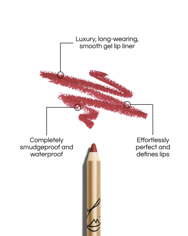 Enhance and Define Lip Pencil with text describing its features on a white background: Luxury, long-wearing, smooth gel lip liner. Completely smudgeproof and waterproof. Effortlessly perfect and defines lips.