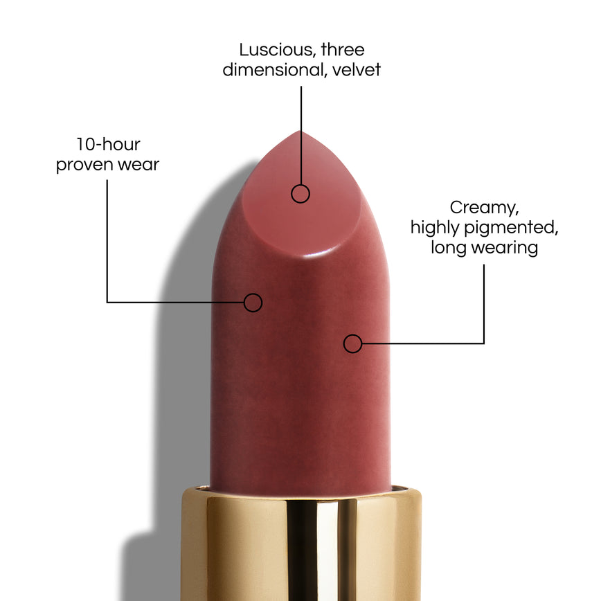 True Velvet Lip Colour bullet close-up, with text demonstrating it's benefits: Lucious, three dimensional, velvet. 10-hour proven wear. Creamy, highly pigmented, long wearing. In shade Blush Lightly.