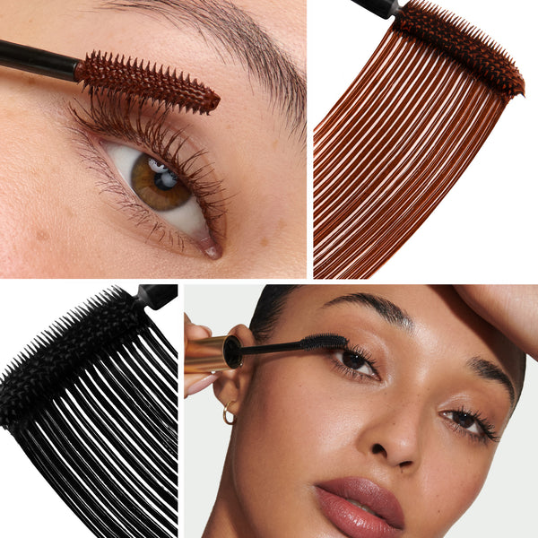Collage of Kitten Lash mascara wands being used on an eye, close-up of the brush with Burnt Umber and Black shade swatches, and a model applying mascara.