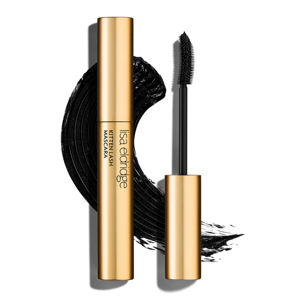 Lisa Eldridge Kitten Lash mascara with gold casing and Black shade swatch on a white background