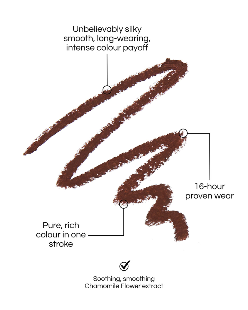 Seamless Glide Eye Pencil swatch, with text demonstrating the benefits: Unbelievably silky smooth, long-wearing, intense colour payoff. 16-hour proven wear. Pure-rich colour in one stroke. Soothing, smoothing Chamomile Flower Extract. In shade Burnt Umber.