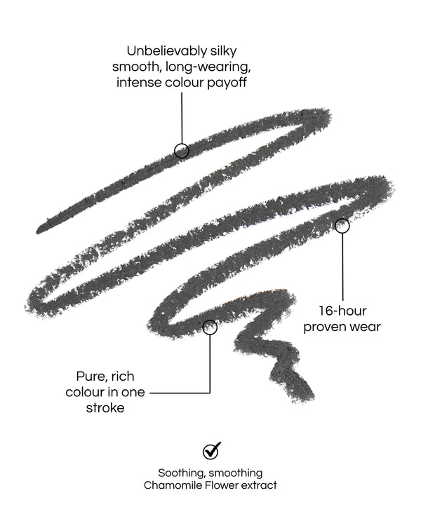 Seamless Glide Eye Pencil swatch, with text demonstrating the benefits: Unbelievably silky smooth, long-wearing, intense colour payoff. 16-hour proven wear. Pure-rich colour in one stroke. Soothing, smoothing Chamomile Flower Extract. In shade Cinder Smoke.