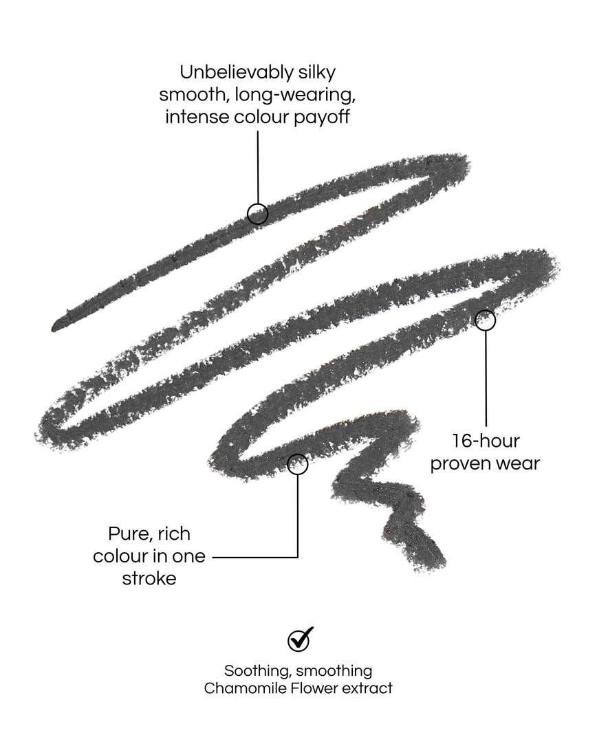 Seamless Glide Eye Pencil swatch, with text demonstrating the benefits: Unbelievably silky smooth, long-wearing, intense colour payoff. 16-hour proven wear. Pure-rich colour in one stroke. Soothing, smoothing Chamomile Flower Extract. In shade Cinder Smoke.