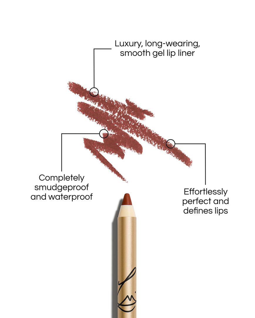Enhance and Define Lip Pencil with text describing its features on a white background: Luxury, long-wearing, smooth gel lip liner. Completely smudgeproof and waterproof. Effortlessly perfect and defines lips.