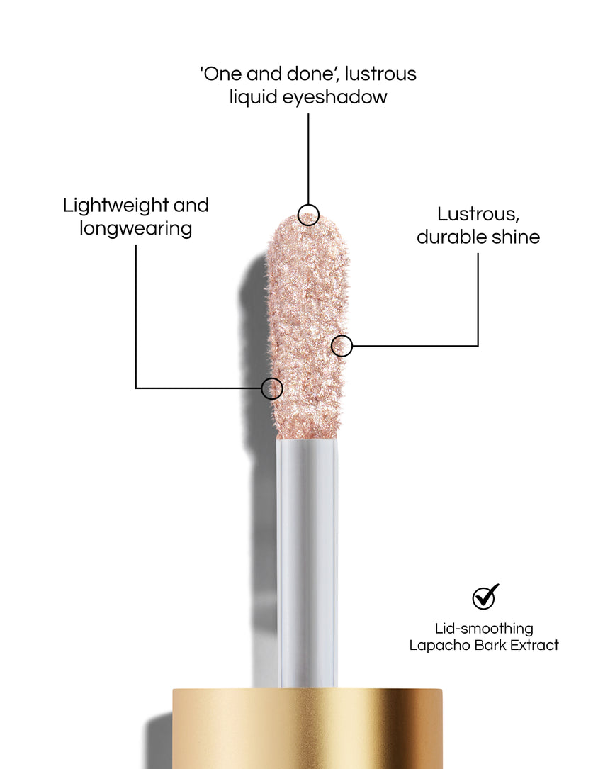 Liquid Lurex Eyeshadow applicator tip with text highlighting features: 'One and done', lustrous liquid eyeshadow. Lightweight and longwearing. Lustrous, durable shine. Lid-smoothing Lapacho Bark Extract. In shade Cressida.