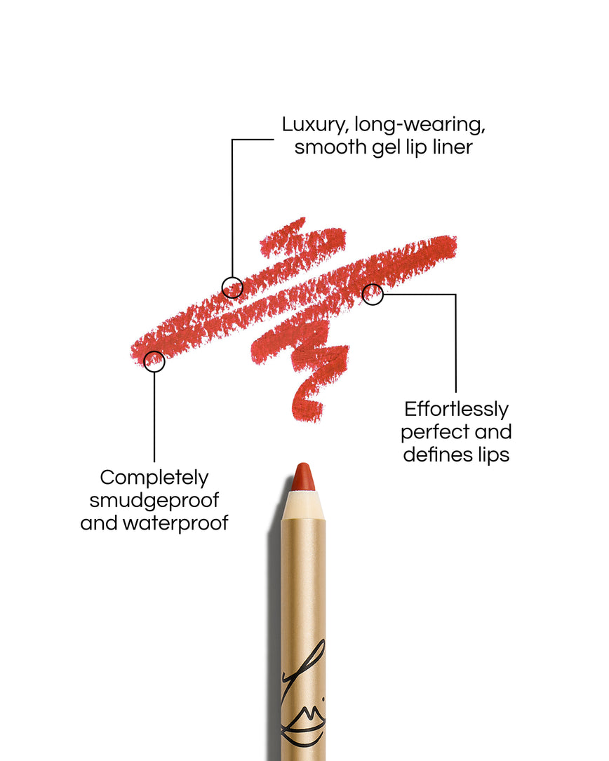 Enhance and Define Lip Pencil with text describing its features on a white background: Luxury, long-wearing, smooth gel lip liner. Completely smudgeproof and waterproof. Effortlessly perfect and defines lips.