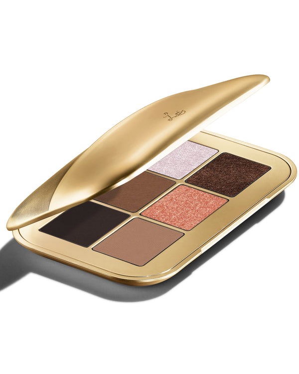 block Fawn Eyeshadow Palette from the side, showing the luxurious casing in gold colour and all 6 shades inside the Palette