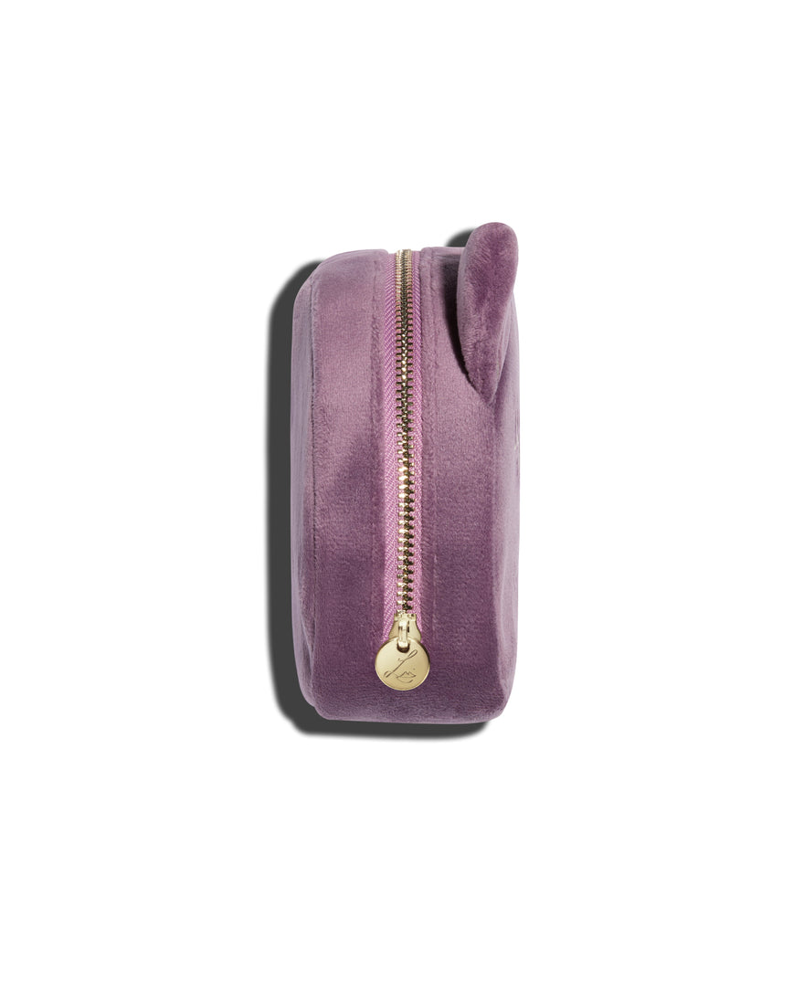 Lilac velvet Kitten Pouch with gold logo-embossed zipper on a white background