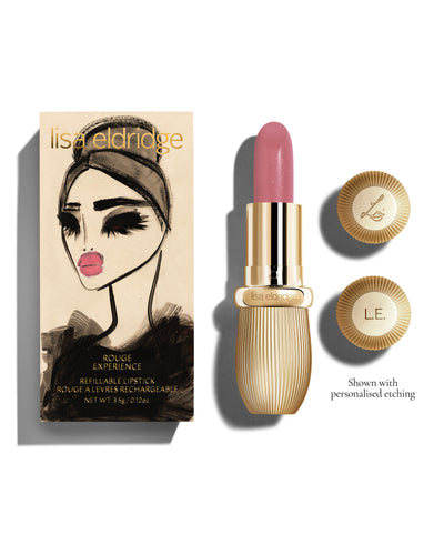 Dreamy Damask lipstick with engraving  next to Blairz x Lisa Eldridge packaging on a white background