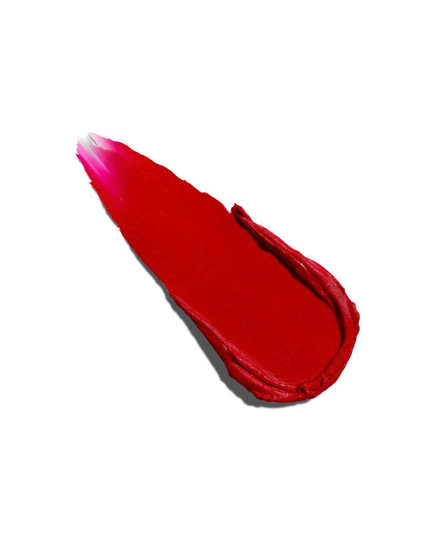 Pillar-box red Ribbon swatch, lipstick swipe to display the shade and texture, on a white background