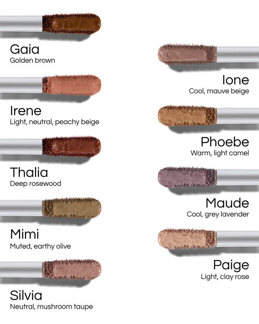 Color swatches of Liquid Silk Eyeshadows, using applicator tips with the shades on, with names and descriptions on a white background