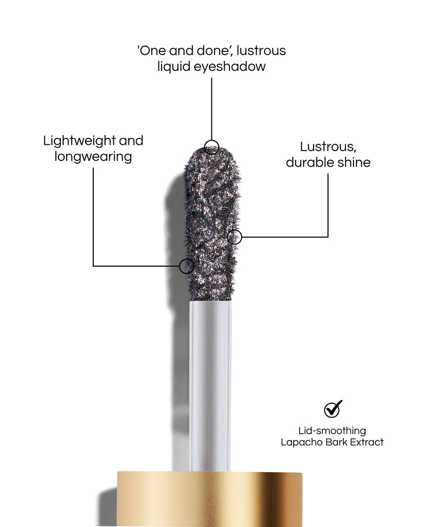 Liquid Lurex Eyeshadow applicator tip with text highlighting features: 'One and done', lustrous liquid eyeshadow. Lightweight and longwearing. Lustrous, durable shine. Lid-smoothing Lapacho Bark Extract. In shade Liza.