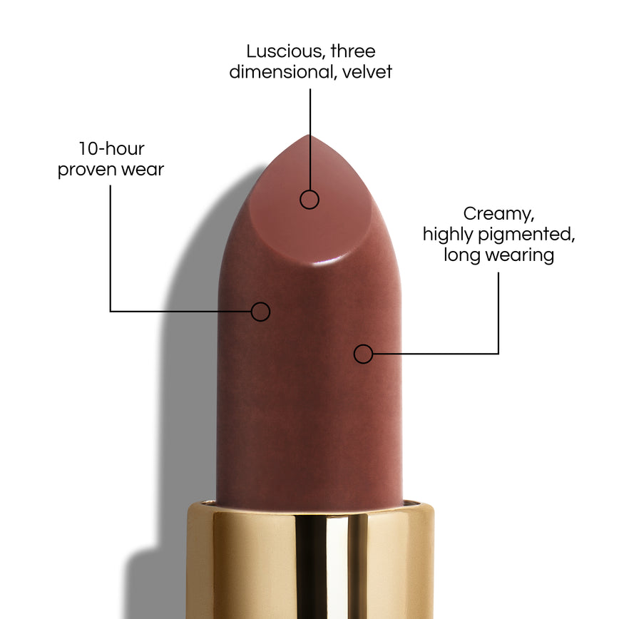 True Velvet Lip Colour bullet close-up, with text demonstrating it's benefits: Lucious, three dimensional, velvet. 10-hour proven wear. Creamy, highly pigmented, long wearing. In shade Muse.
