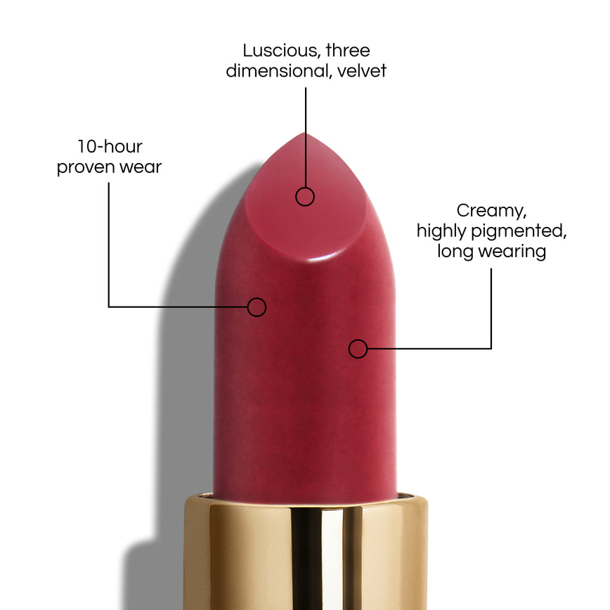 True Velvet Lip Colour bullet close-up, with text demonstrating it's benefits: Lucious, three dimensional, velvet. 10-hour proven wear. Creamy, highly pigmented, long wearing. In shade Pompadour.