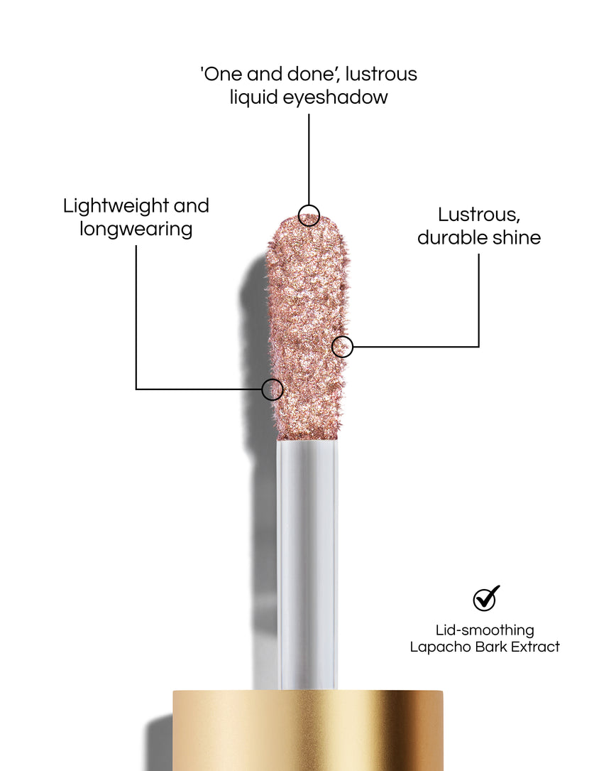 Liquid Lurex Eyeshadow applicator tip with text highlighting features: 'One and done', lustrous liquid eyeshadow. Lightweight and longwearing. Lustrous, durable shine. Lid-smoothing Lapacho Bark Extract. In shade Rosalie.