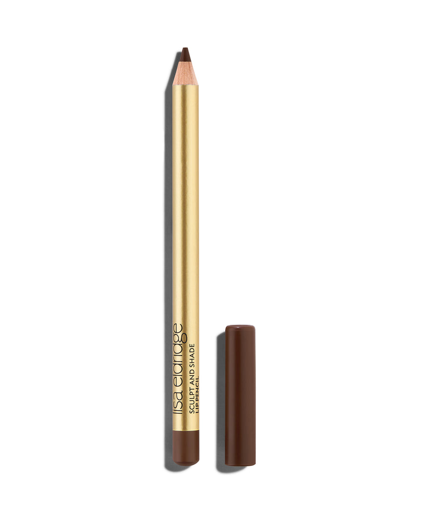 Deep brown lip pencil with gold barrel and shade-matching cap, shown on a white background