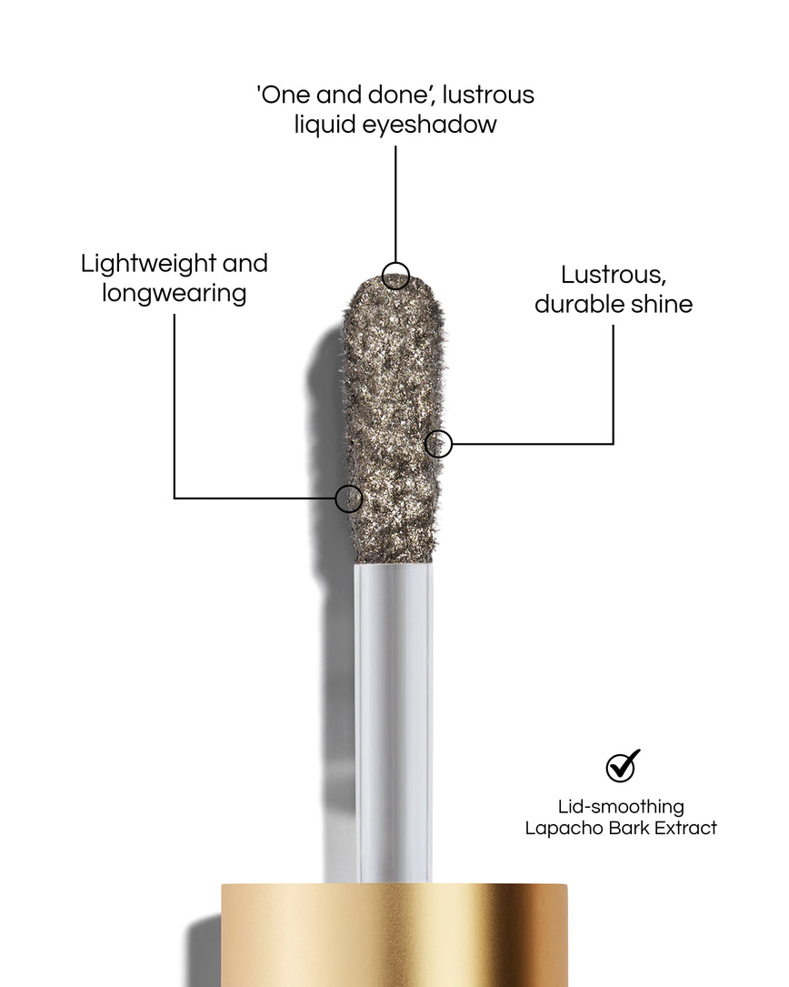 Liquid Lurex Eyeshadow applicator tip with text highlighting features: 'One and done', lustrous liquid eyeshadow. Lightweight and longwearing. Lustrous, durable shine. Lid-smoothing Lapacho Bark Extract. In shade Selene.