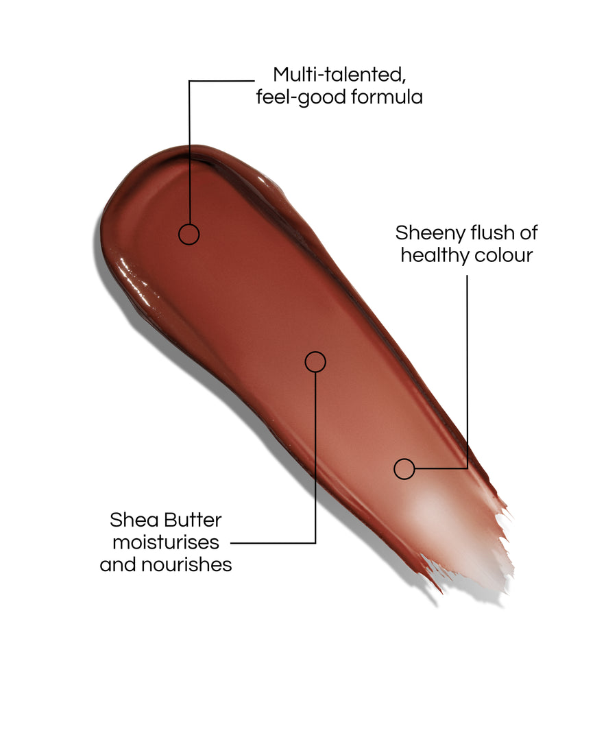 Velatura Cinnamon Bun swatch with text describing its features on a white background: Multi-talented, feel-good formula. Sheeny flush of healthy colour. Shea Butter moisturises and nourishes.