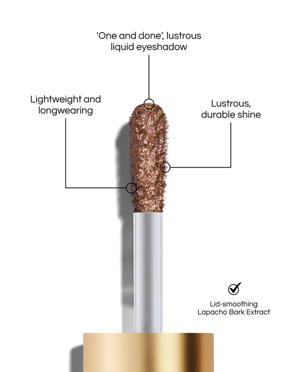 Liquid Lurex Eyeshadow applicator tip with text highlighting features: 'One and done', lustrous liquid eyeshadow. Lightweight and longwearing. Lustrous, durable shine. Lid-smoothing Lapacho Bark Extract. In shade Zora.