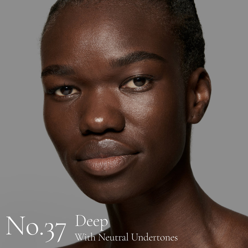 Lisa Eldridge Seamless Skin Foundation Pictured on Model No. 37 Deep with Neutral Undertones