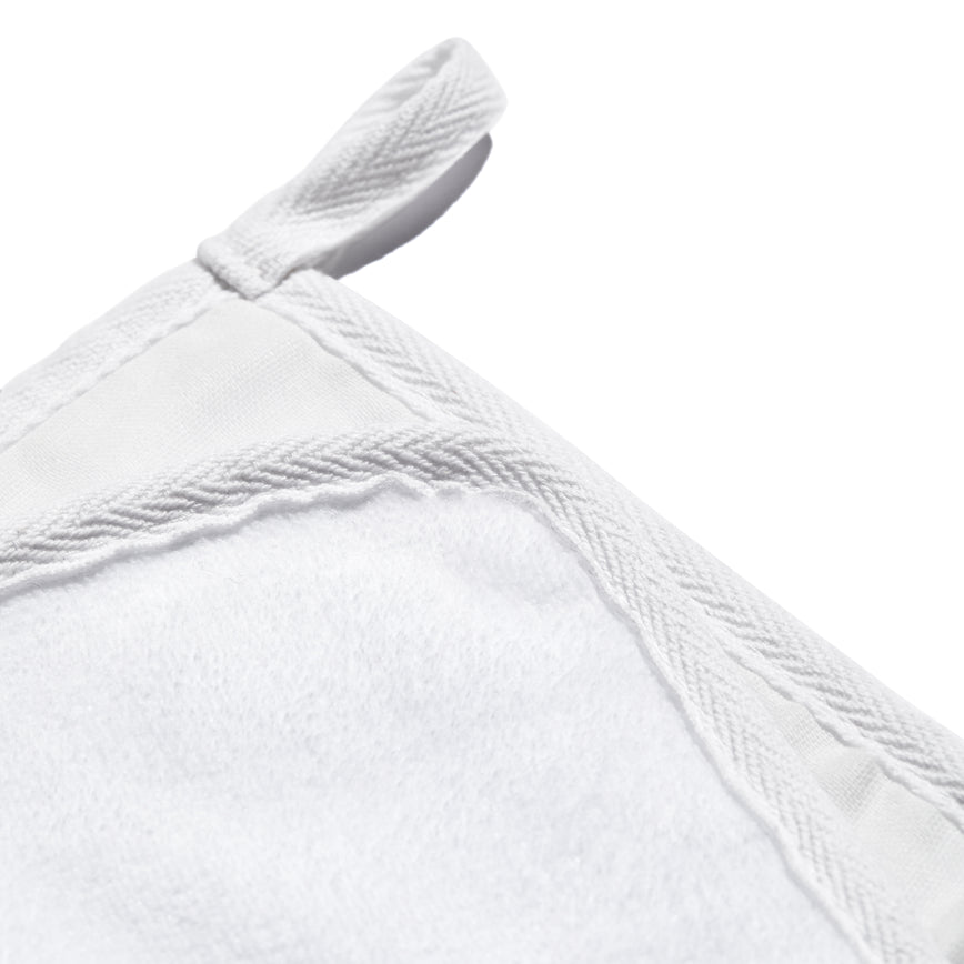 Extreme close-up of cloth corner, displaying the edge banding detail and multi-textured faces and looping for hanging up