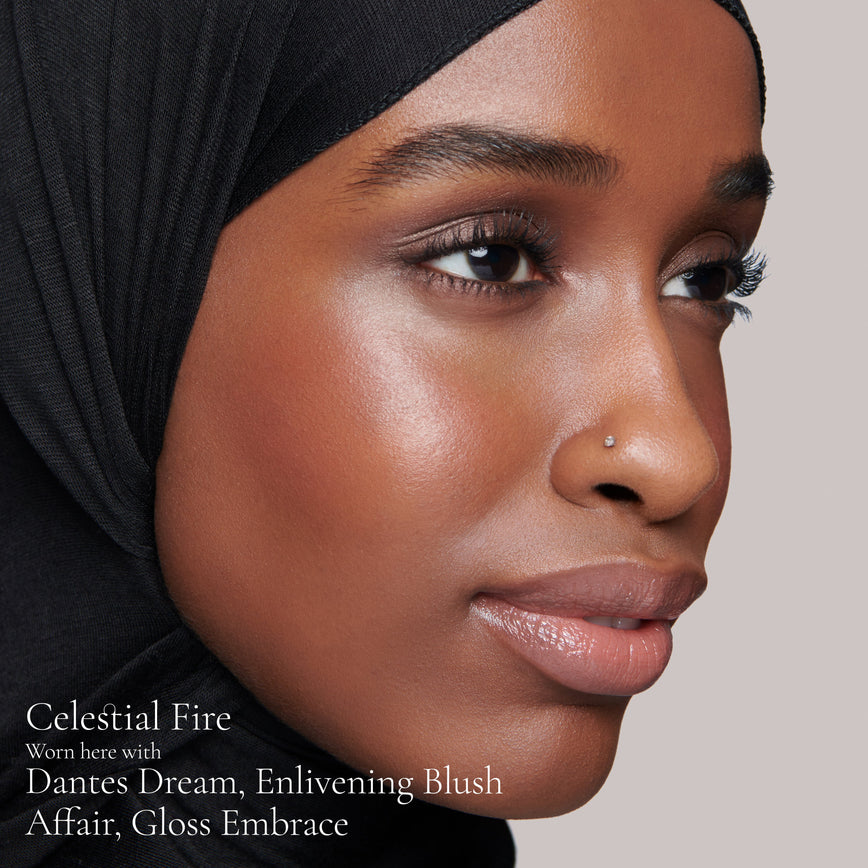 Lisa Eldridge Elevated Glow Highlighter in shade Celestial Fire pictured on model