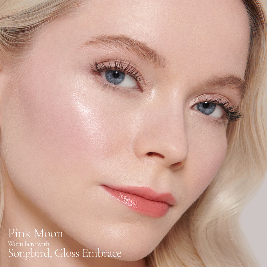 Lisa Eldridge Elevated Glow Highlighter in Shade Pink Moon Pictured on Model