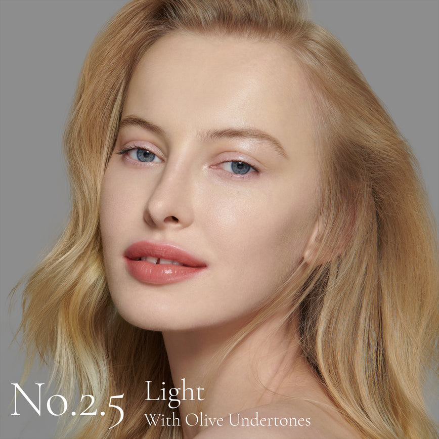 Lisa Eldridge Seamless Skin Foundation Pictured on Model No. 2.5 Light with olive undertones
