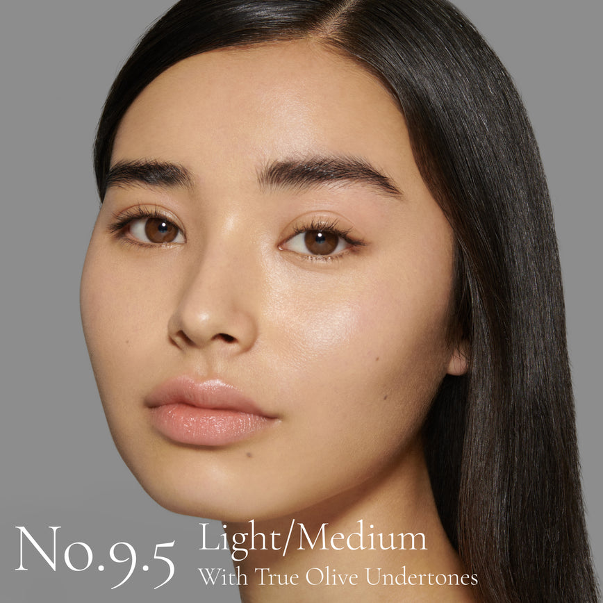 Lisa Eldridge Seamless Skin Foundation Pictured on Model No. 9.5 Light/medium with true olive undertones